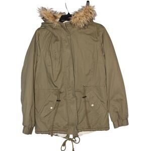 Love Tree Zip Parka Coat Jacket Large Army Green Sherpa Flannel Lined Fur Hood35